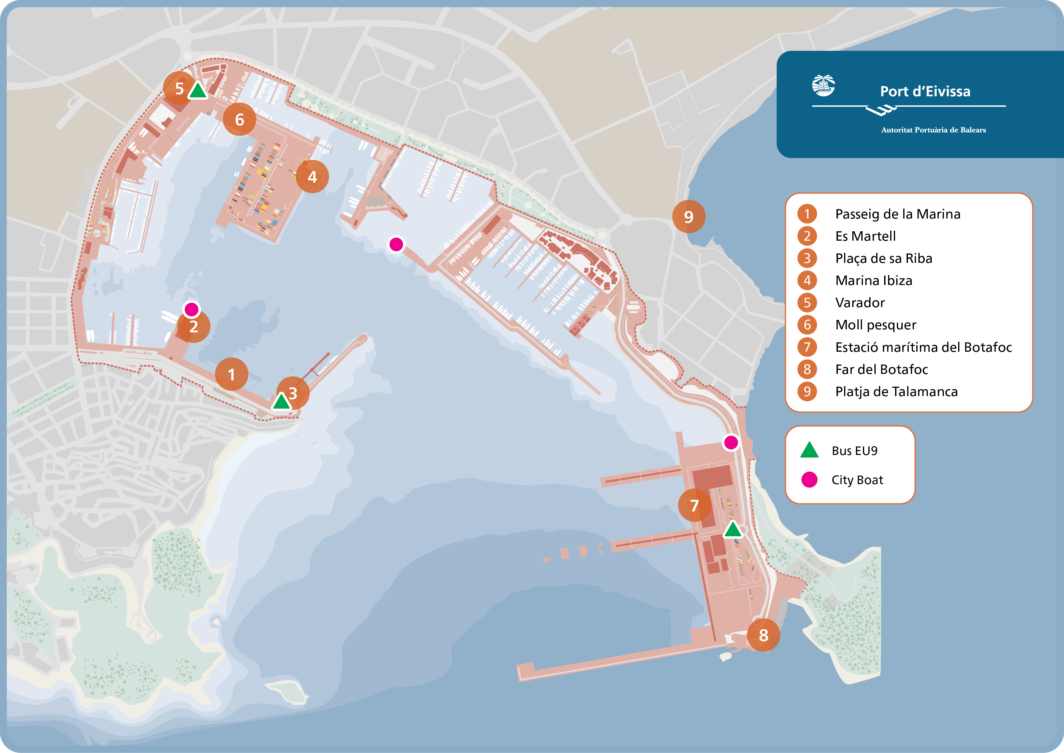 Mapa del puerto de Eivissa con nueve localizaciones y los servicios de Bus EU9 y City Boat